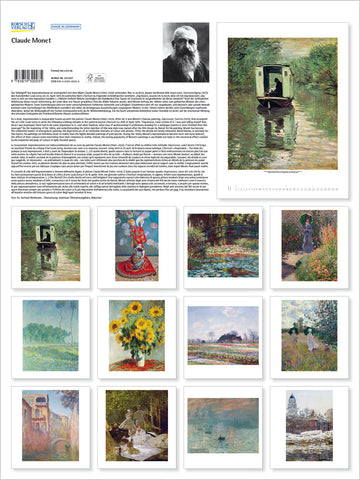 Collection of Monet's paintings with a portrait and text on a white background