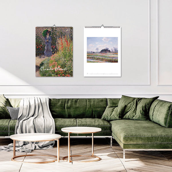 Two wall calendars featuring artwork by Claude Monet in a living room setting.