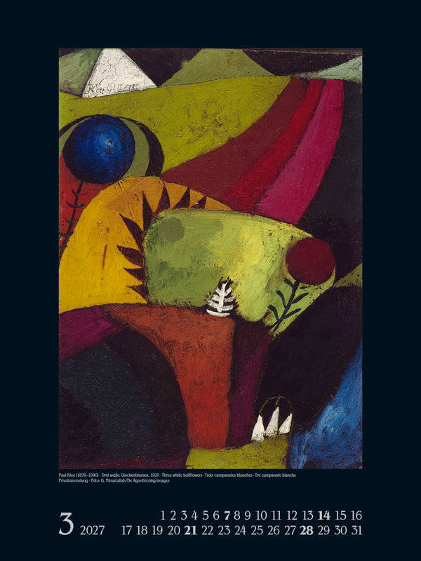 Abstract artwork with geometric shapes and colors, featuring a calendar layout for March 2027.