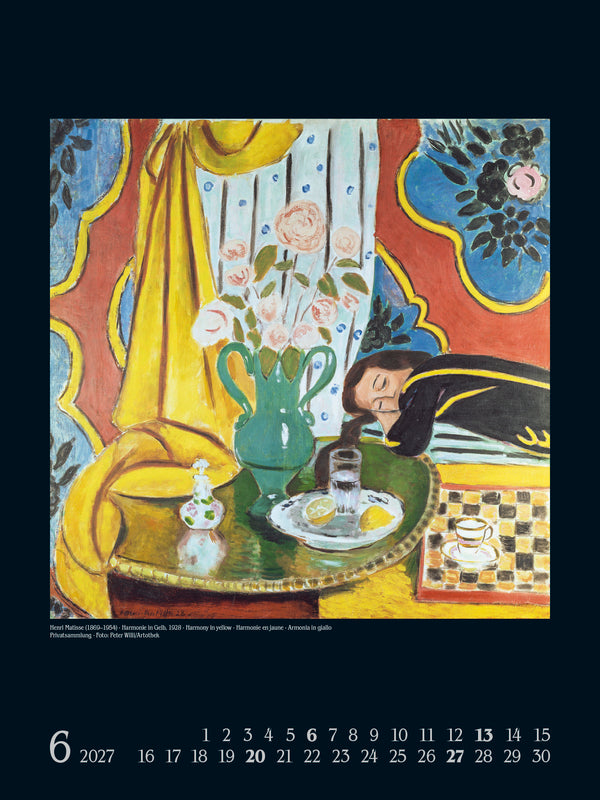 Calendrier de l'artiste Matisse avec illustration de nature morte et décorations murales