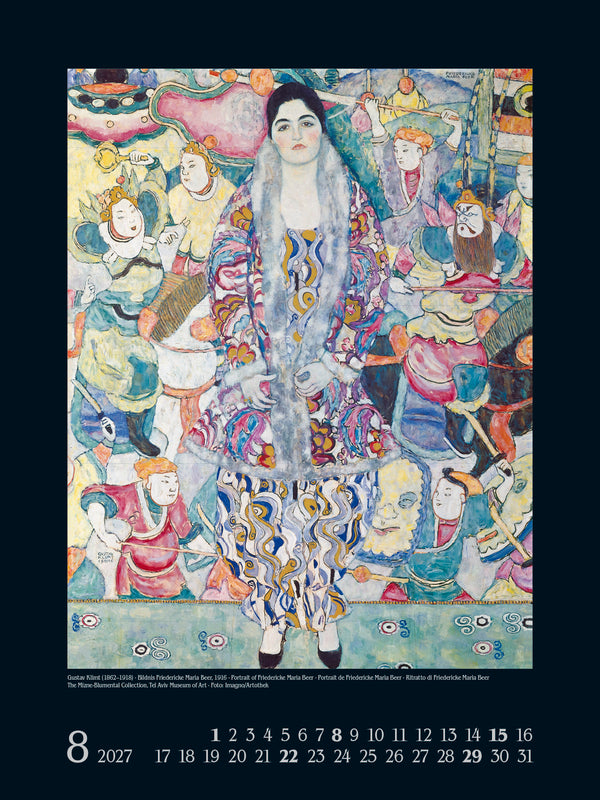 Artistic calendar page with a colorful painting of a woman surrounded by figures, featuring the month of August 2027.