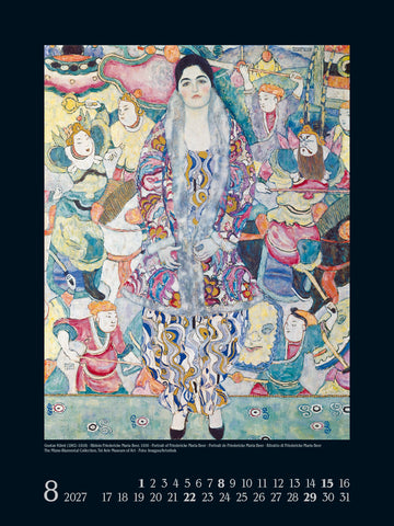 Artistic calendar page with a colorful painting of a woman surrounded by figures, featuring the month of August 2027.