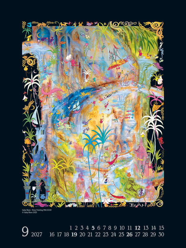 Colorful abstract artwork with a calendar layout on a black background