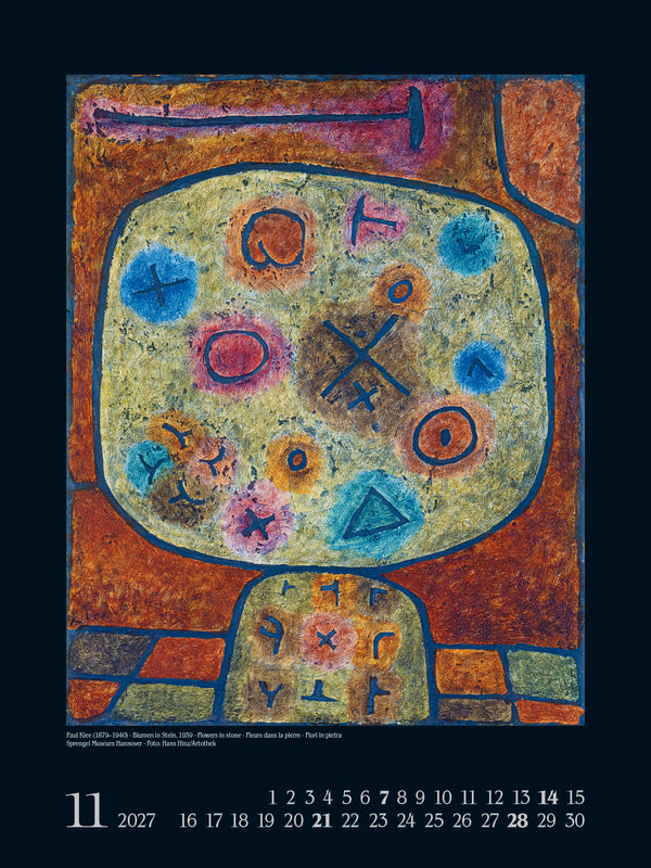 Artistic calendar design with abstract patterns and symbols, featuring the number 11.