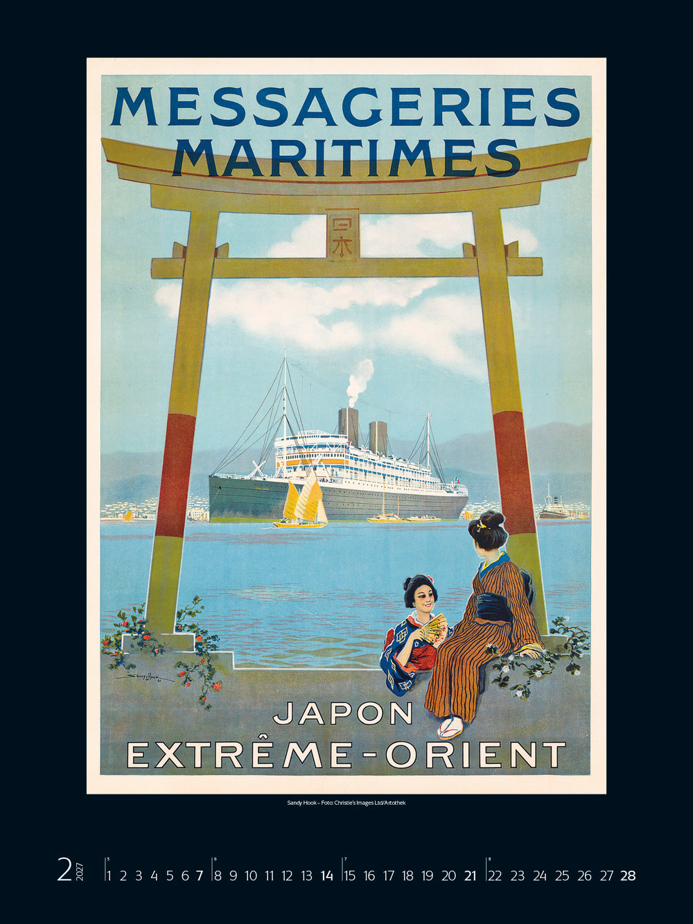 Vintage-style travel poster for Messageries Maritimes with a ship and traditional Japanese gate.