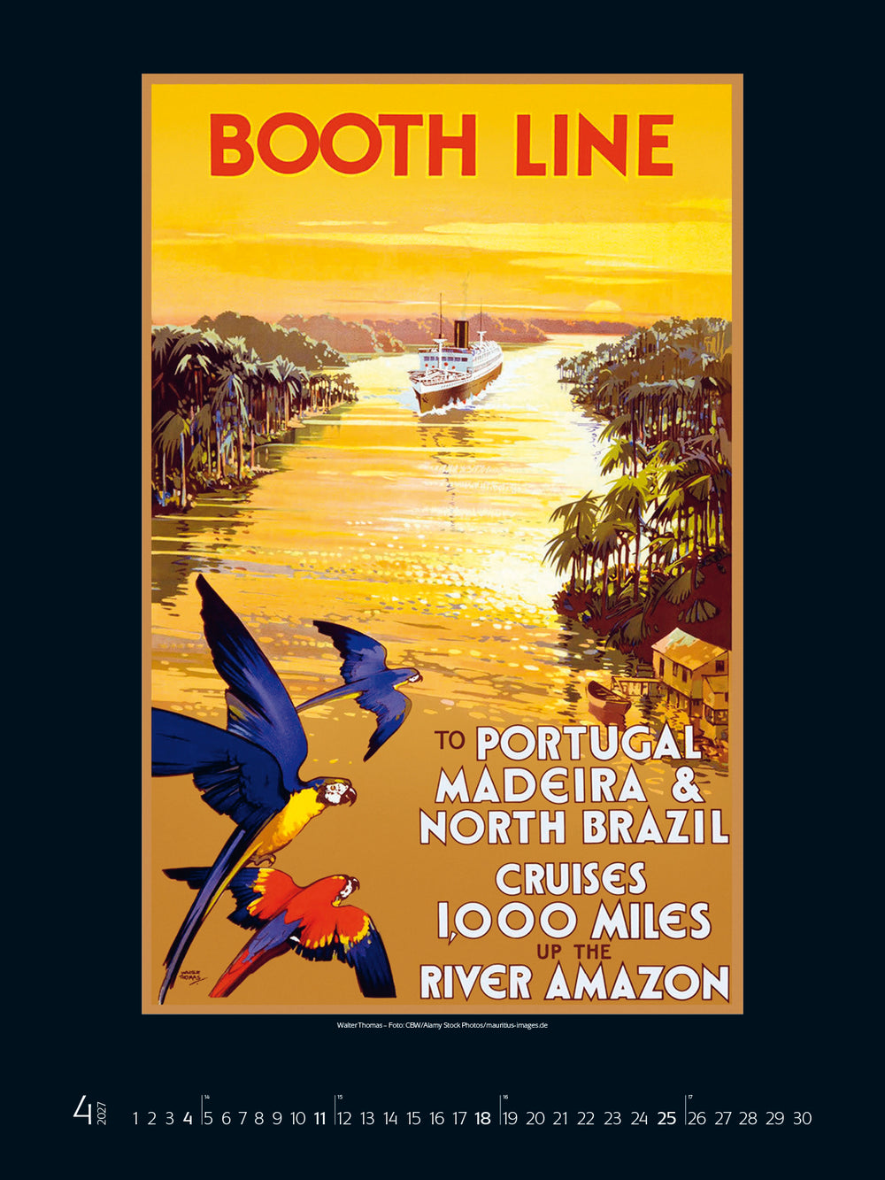 Vintage travel poster for Booth Line cruises to Portugal, Madeira, and North Brazil featuring parrots and a river scene.