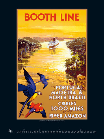 Vintage travel poster for Booth Line cruises to Portugal, Madeira, and North Brazil featuring parrots and a river scene.