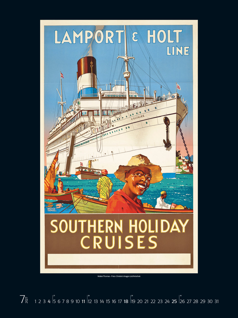Vintage-style advertisement for Southern Holiday Cruises by Lamport & Holt Line with a large ship and people in boats.