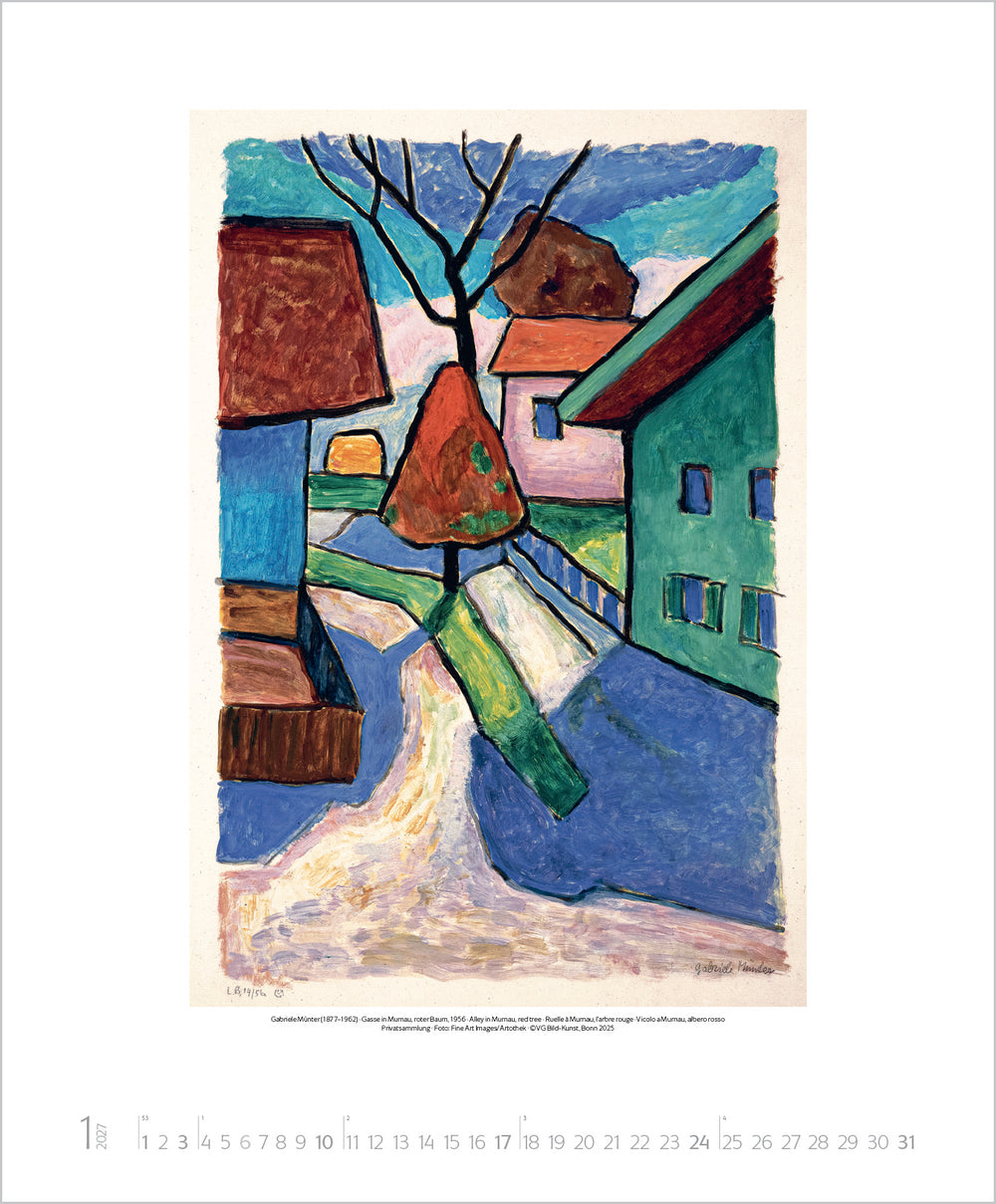 Artistic depiction of a village scene with colorful houses and a tree.