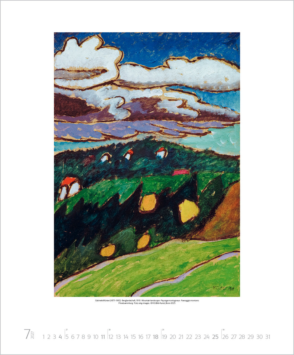 Artistic depiction of a landscape with green hills, blue sky, and white clouds.