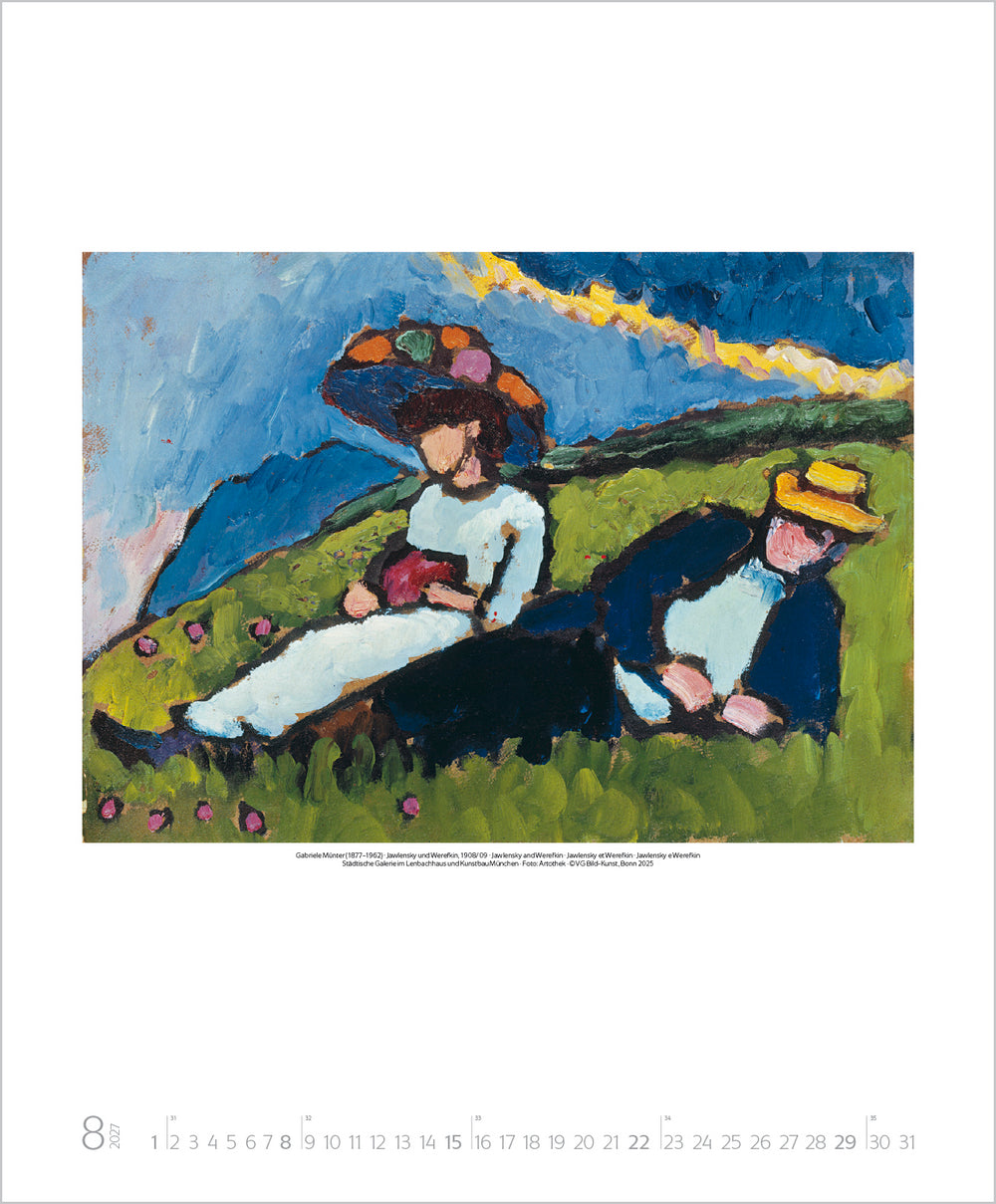 Artistic depiction of two figures sitting on a grassy hill with a colorful sky.