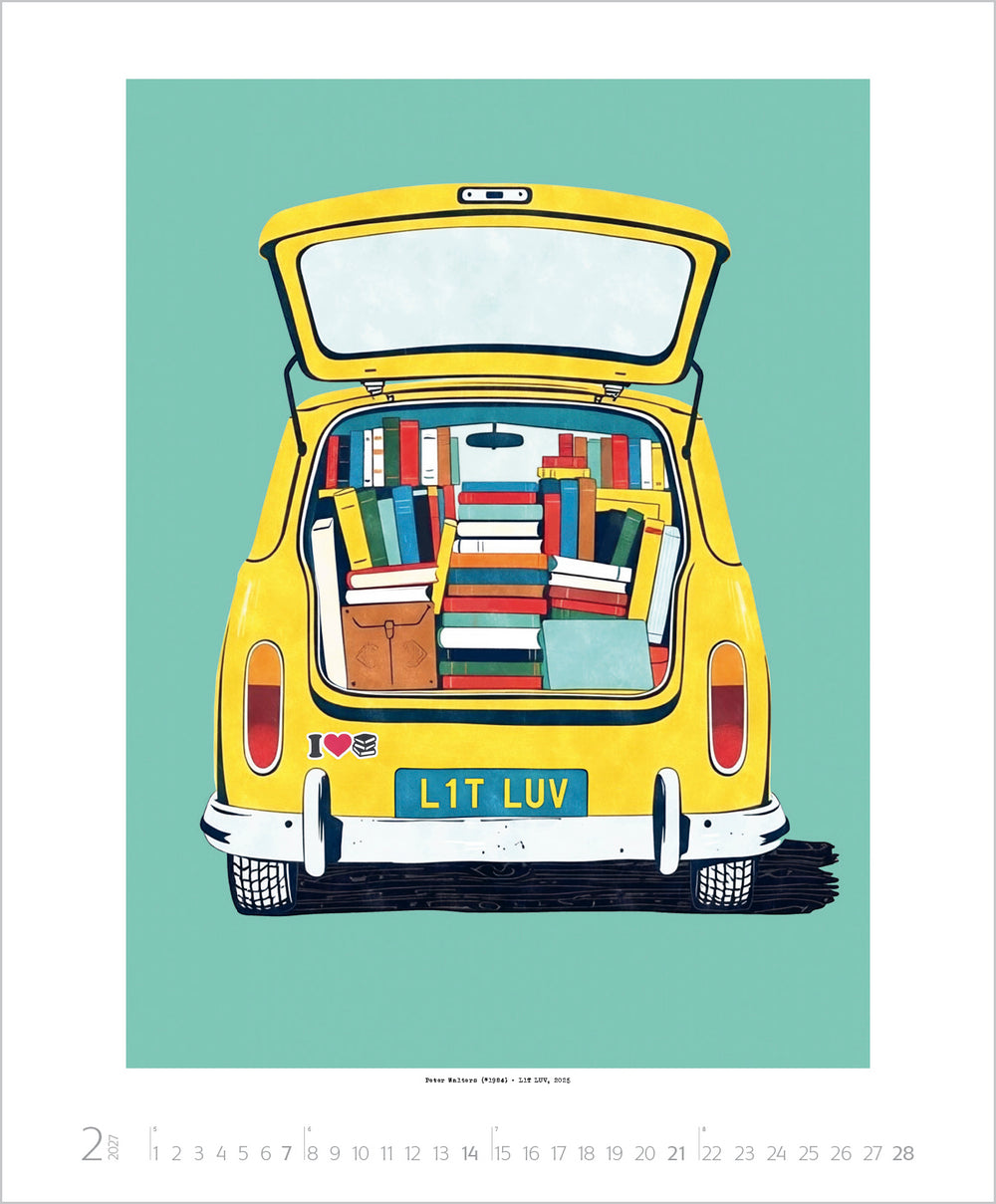 Illustration of a yellow car with an open trunk full of books on a light green background