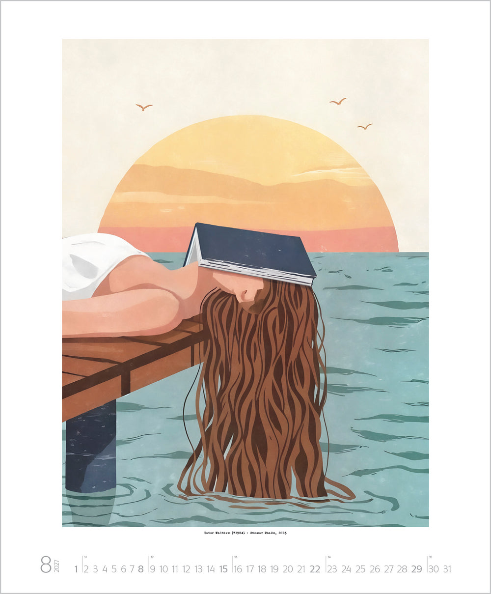 Illustration of a person lying on a dock with a book over their face, surrounded by water and a sunset.