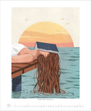 Illustration of a person lying on a dock with a book over their face, surrounded by water and a sunset.