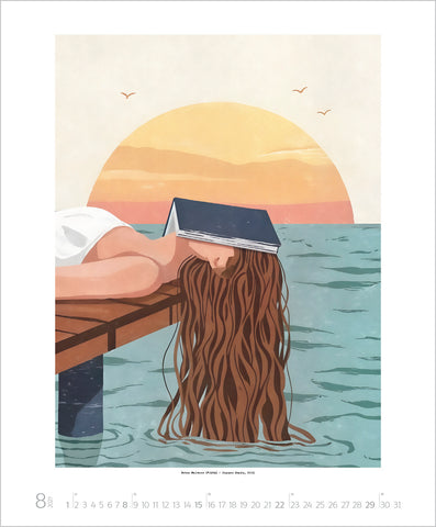 Illustration of a person lying on a dock with a book over their face, surrounded by water and a sunset.