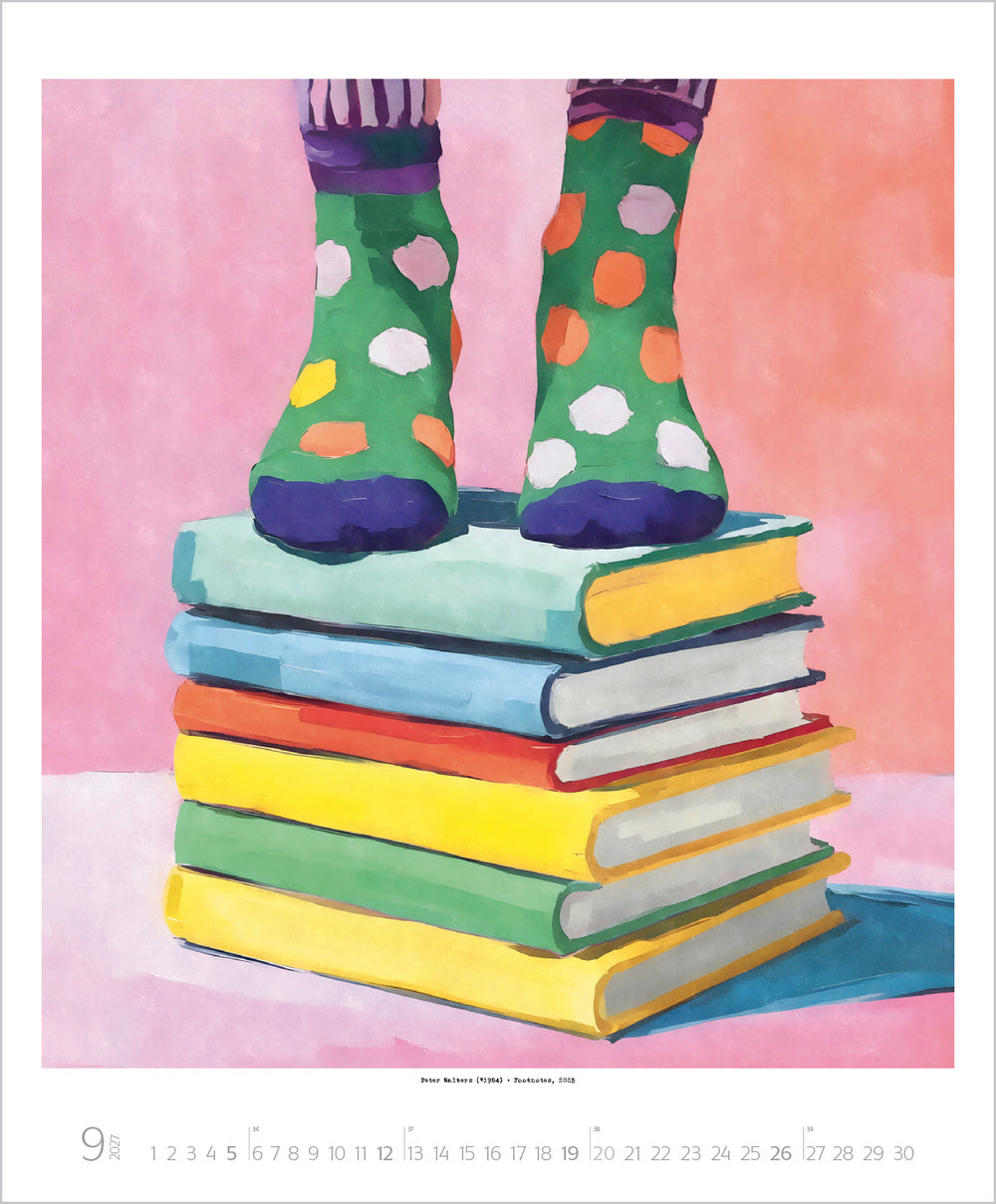 Colorful illustration of feet in polka dot socks standing on a stack of books with a pink background.