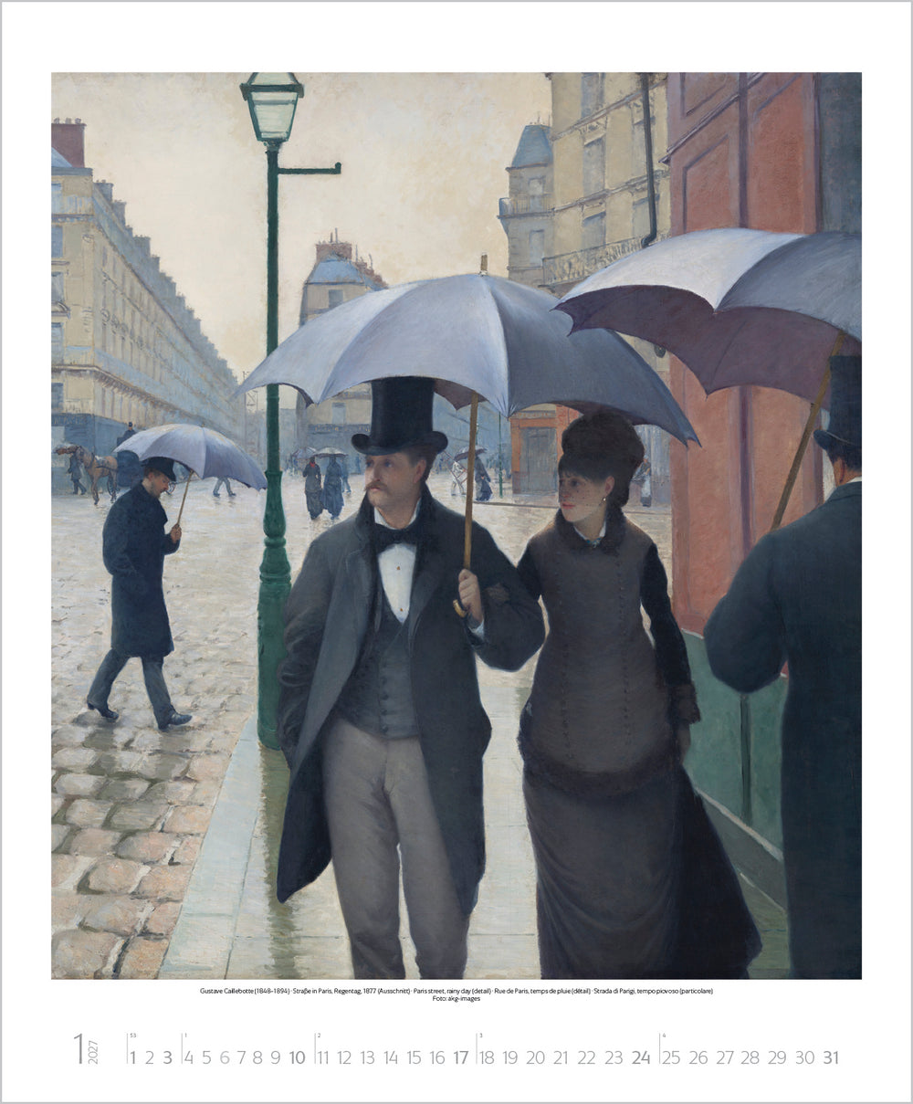 Painting of a couple holding umbrellas on a city street, with a top hat and formal attire.