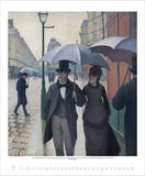Painting of a couple holding umbrellas on a city street, with a top hat and formal attire.