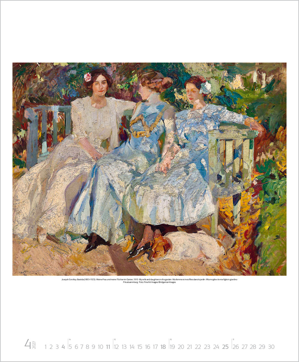 Painting of three women sitting on a bench in a garden