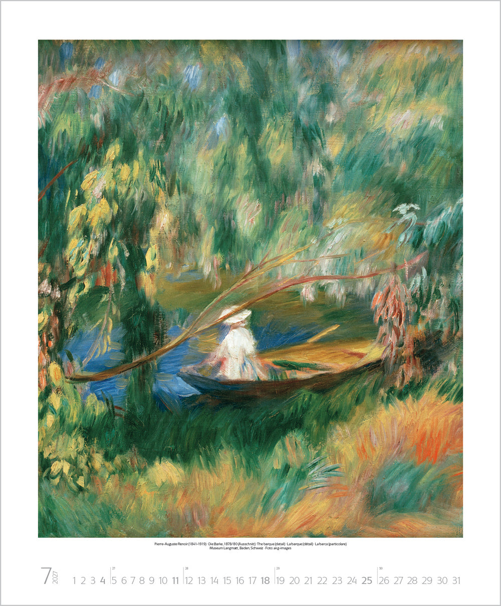 Painting of a woman in a boat surrounded by greenery