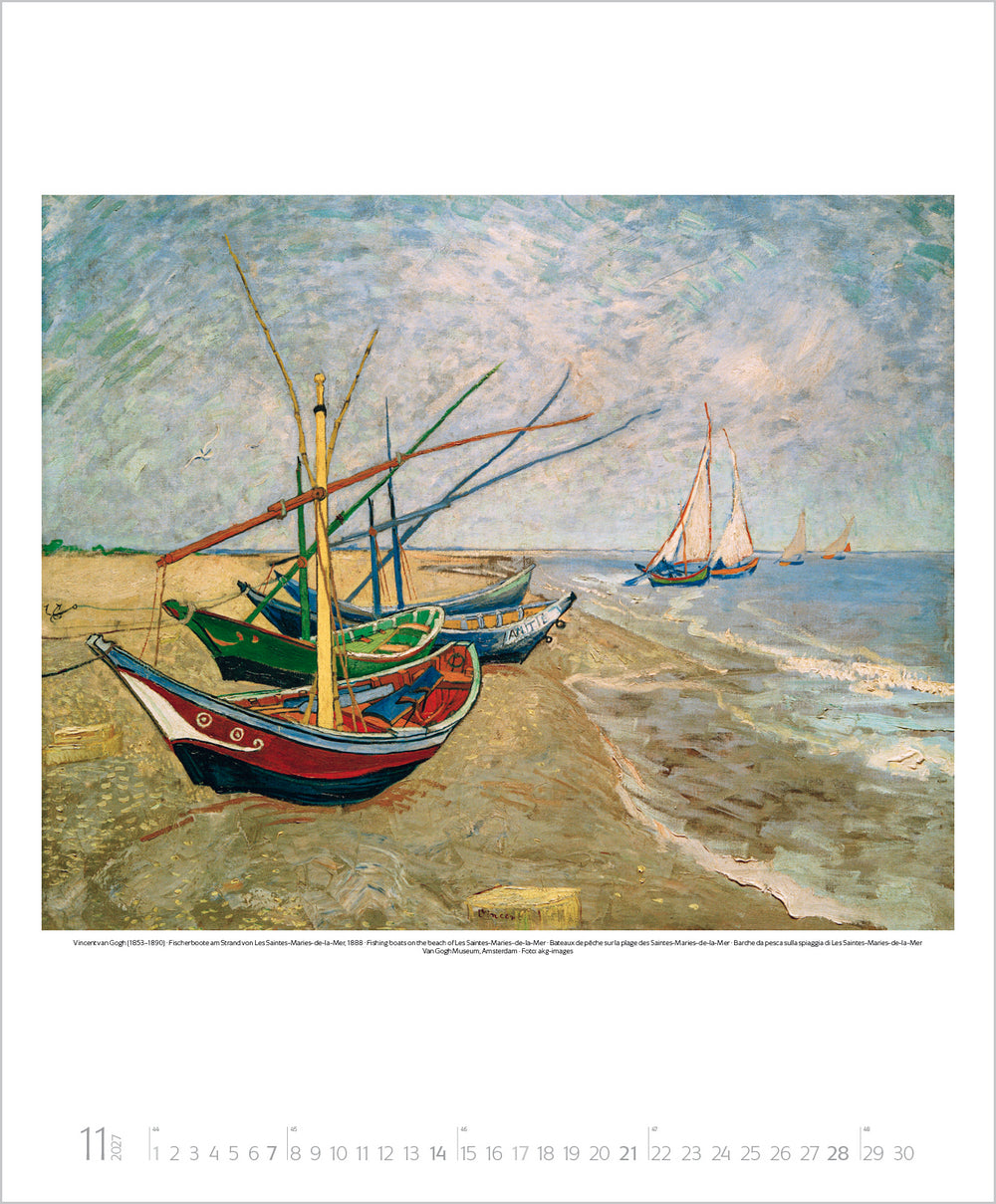 Painting of boats on a beach with a cloudy sky