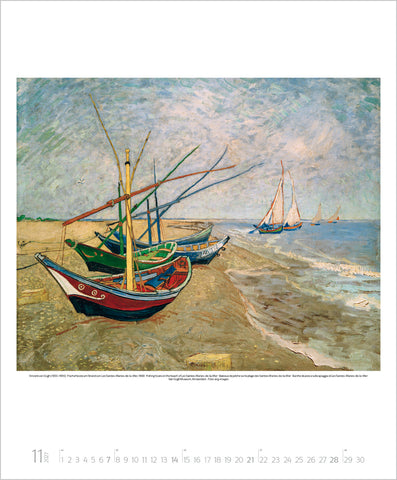 Painting of boats on a beach with a cloudy sky