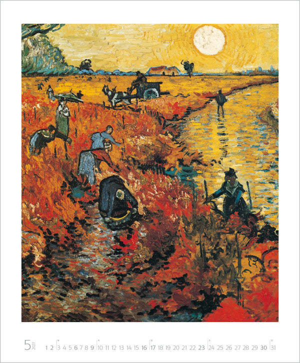 Painting of workers in a field with a large sun in the sky
