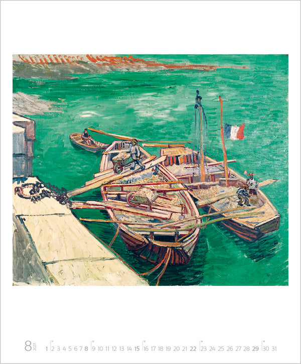 Artistic depiction of a boat docked at a pier with people around, set against a green water background.