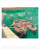 Artistic depiction of a boat docked at a pier with people around, set against a green water background.