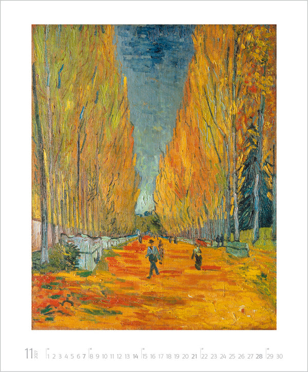 Painting of a path through trees with people walking, featuring Van Gogh's signature style.