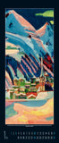 Colorful mountain landscape with village and church, featuring a calendar layout.