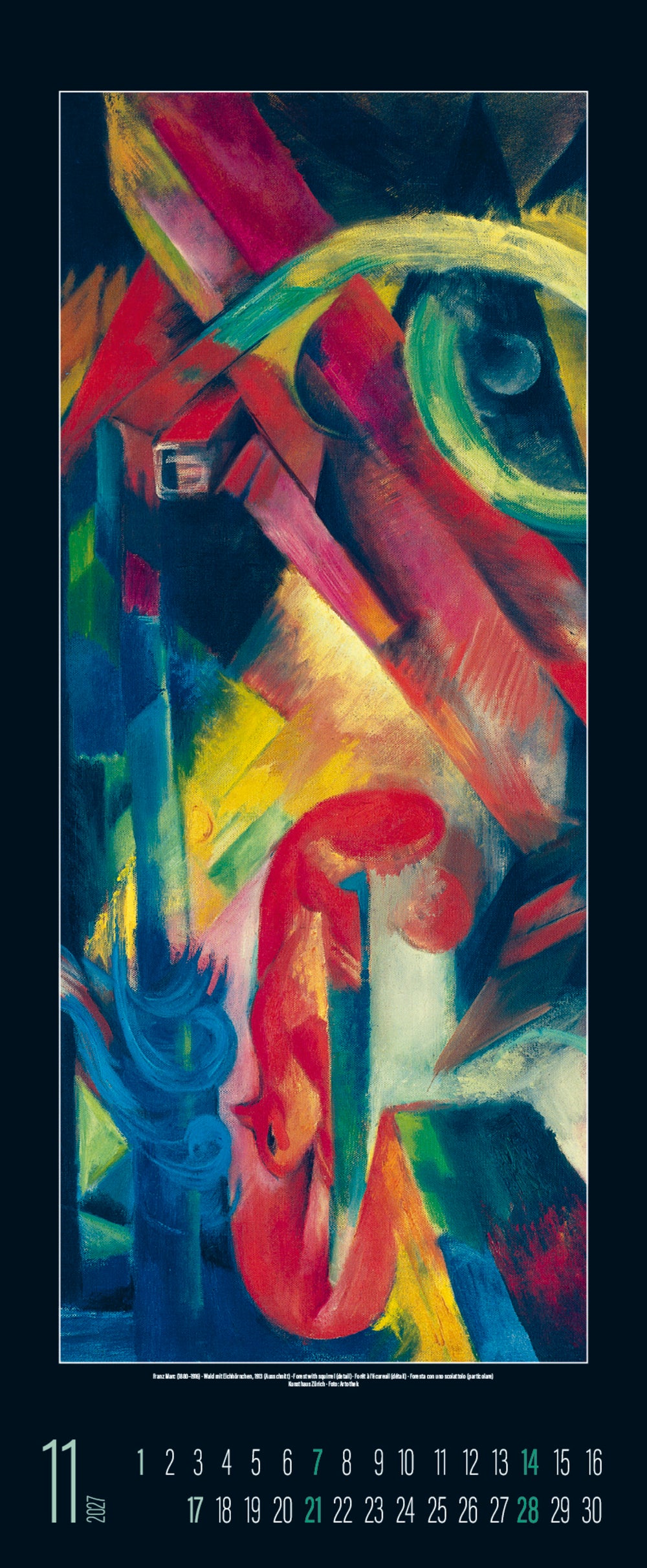 Colorful abstract painting of a horse with a calendar at the bottom