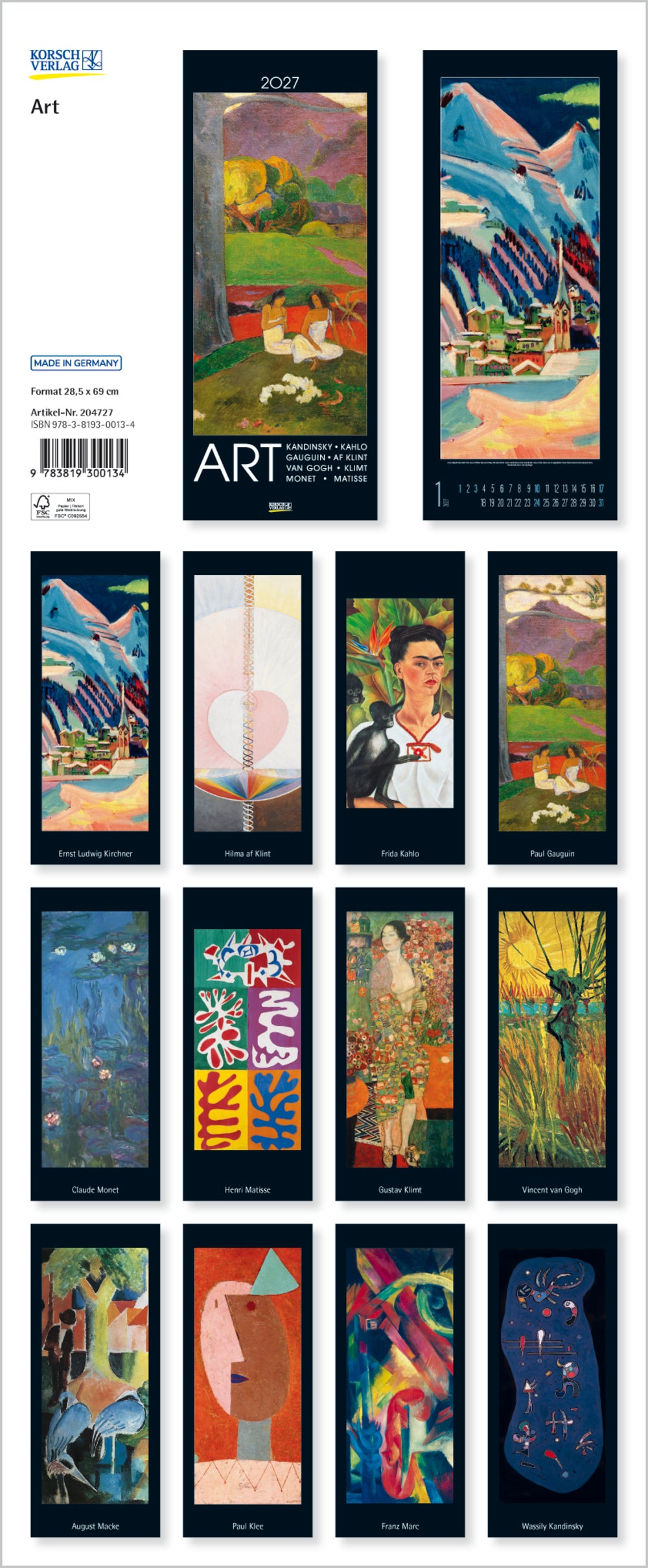 Calendar cover with various art pieces arranged in a grid layout.