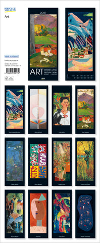 Calendar cover with various art pieces arranged in a grid layout.