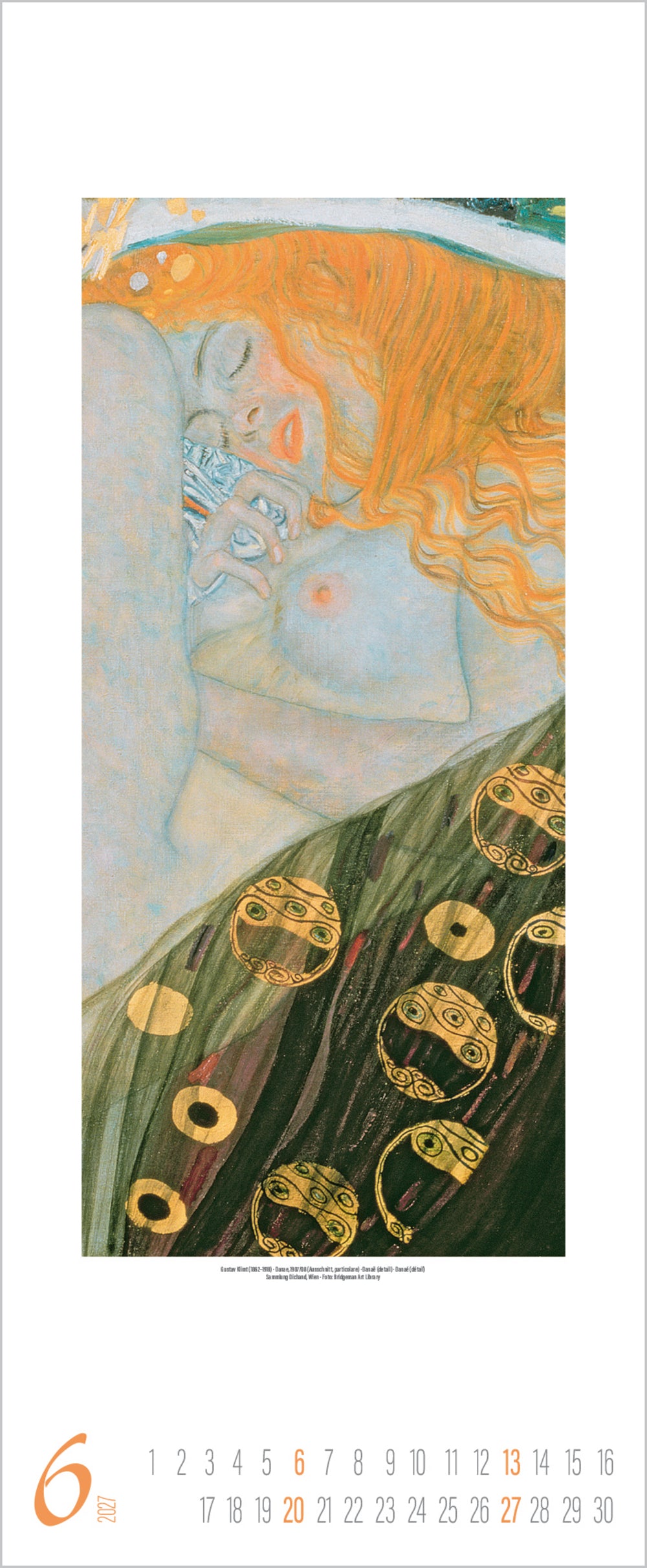 Artistic depiction of a woman with flowing hair and decorative elements, possibly from a calendar.