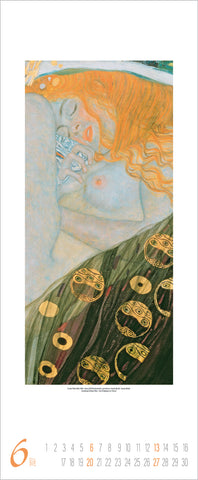 Artistic depiction of a woman with flowing hair and decorative elements, possibly from a calendar.