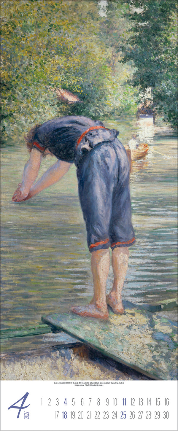 A calendar page with a painting of a man in an old fashioned swimsuit diving into a river