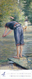 A calendar page with a painting of a man in an old fashioned swimsuit diving into a river