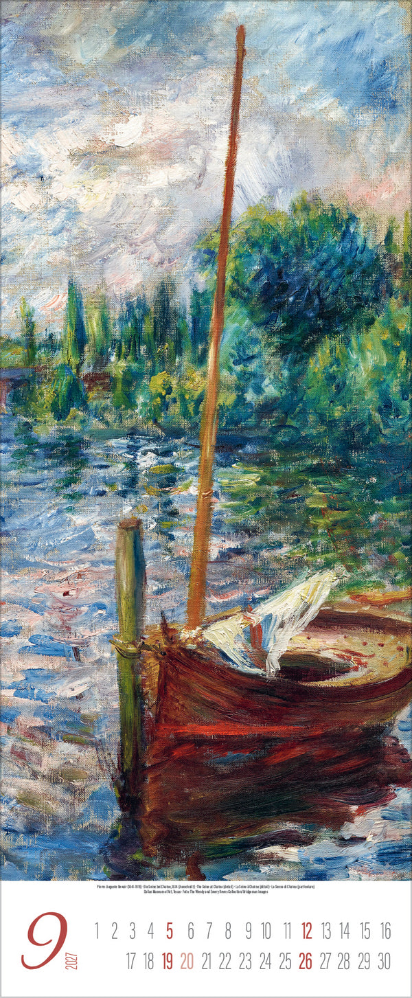 Painting of a boat on water with trees and sky in the background