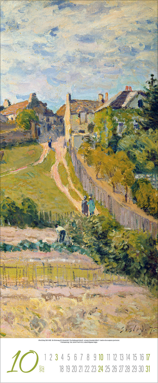 Painting of a village scene with houses, people, and a cart on a hillside.
