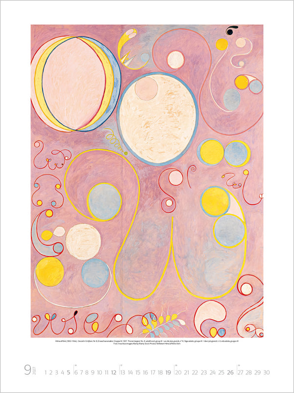 Abstract art print with colorful circles and swirls on a pink background