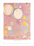 Abstract art print with colorful circles and swirls on a pink background