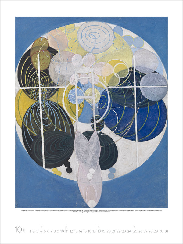 Abstract art piece with circular shapes and patterns on a blue background