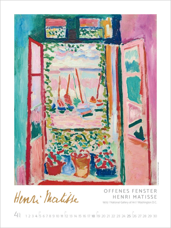 Artistic depiction of a window scene with colorful furniture and plants, featuring the artist's name Henri Matisse.