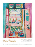 Artistic depiction of a window scene with colorful furniture and plants, featuring the artist's name Henri Matisse.