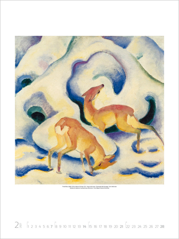 Artistic depiction of two deer in a snowy landscape with abstract elements.