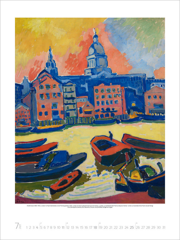 Artistic depiction of a cityscape with boats on a canal, featuring vibrant colors.
