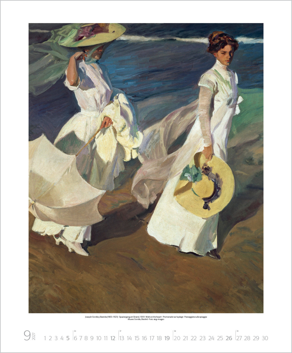 Artistic depiction of women in white dresses with hats walking on a beach.