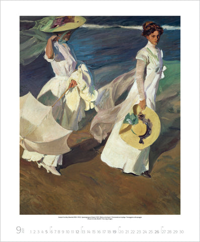 Artistic depiction of women in white dresses with hats walking on a beach.