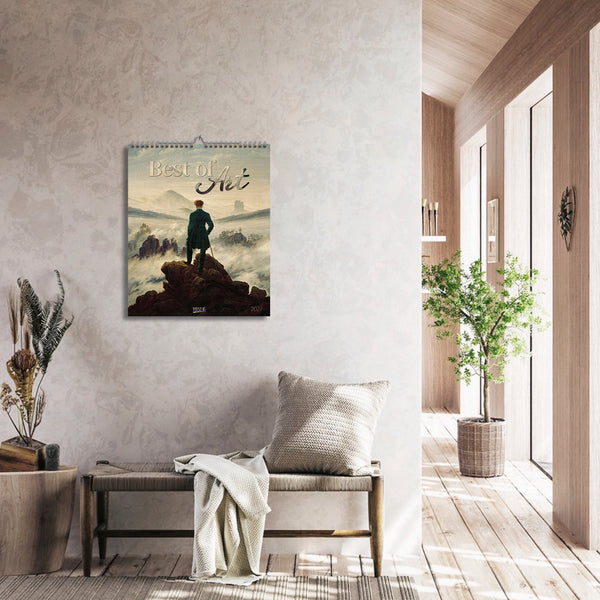 Calendar with artwork of a man on a rock with 'Best of' text in a modern living room.